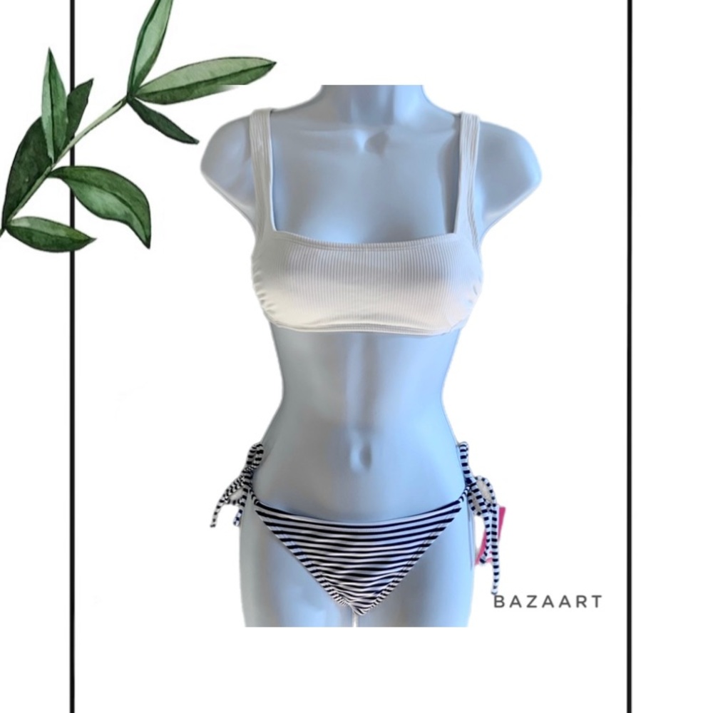 Xhilaration White Ribbed Bralette Bikini Bra & Xhilaration Striped Bikini Bottom
